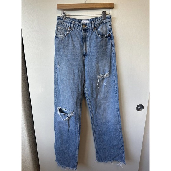 Zara Jeans Zara Hi Rise Full Length Ripped Jeans Wide Leg